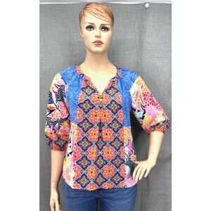 Figueroa and Flower Patchwork Peasant Top Women's Size XL Floral Multicolor
